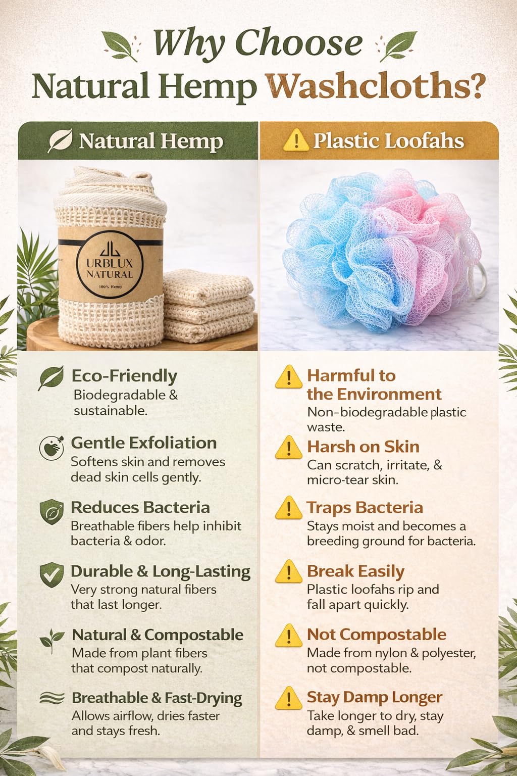 URBLUX Hemp Exfoliating Washcloths (3 Pack), Dual-Sided Body & Face Scrub Cloth, Natural Bath Cloth, Loofah Alternative, Fast Drying, 12x12 Inch