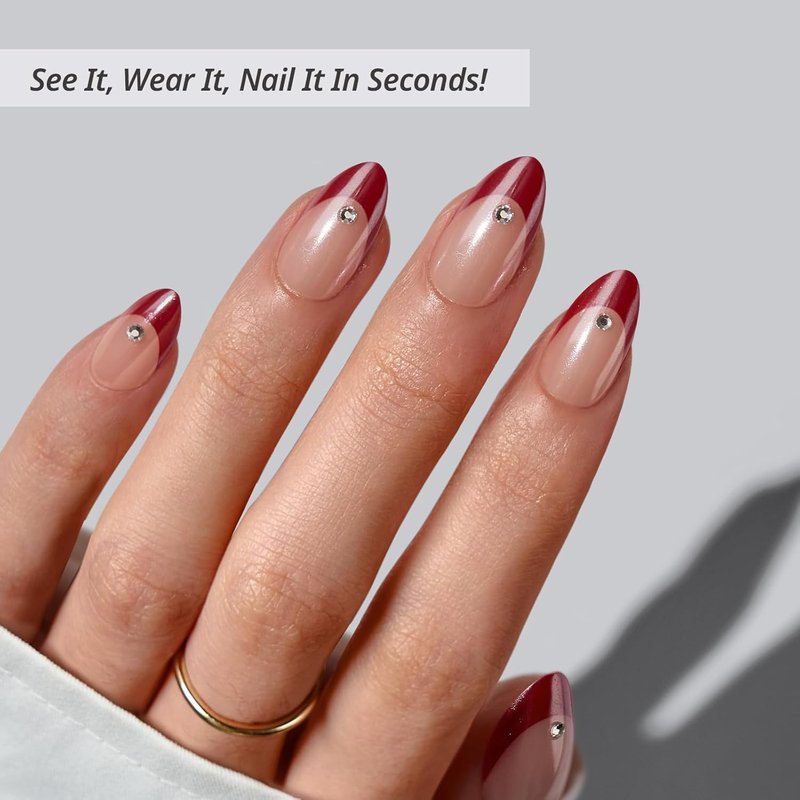 BTArtbox Press On Nails - Audrey's Ruby Red Chrome Almond French Tips | 32 Soft Gel Nails in 16 Sizes
