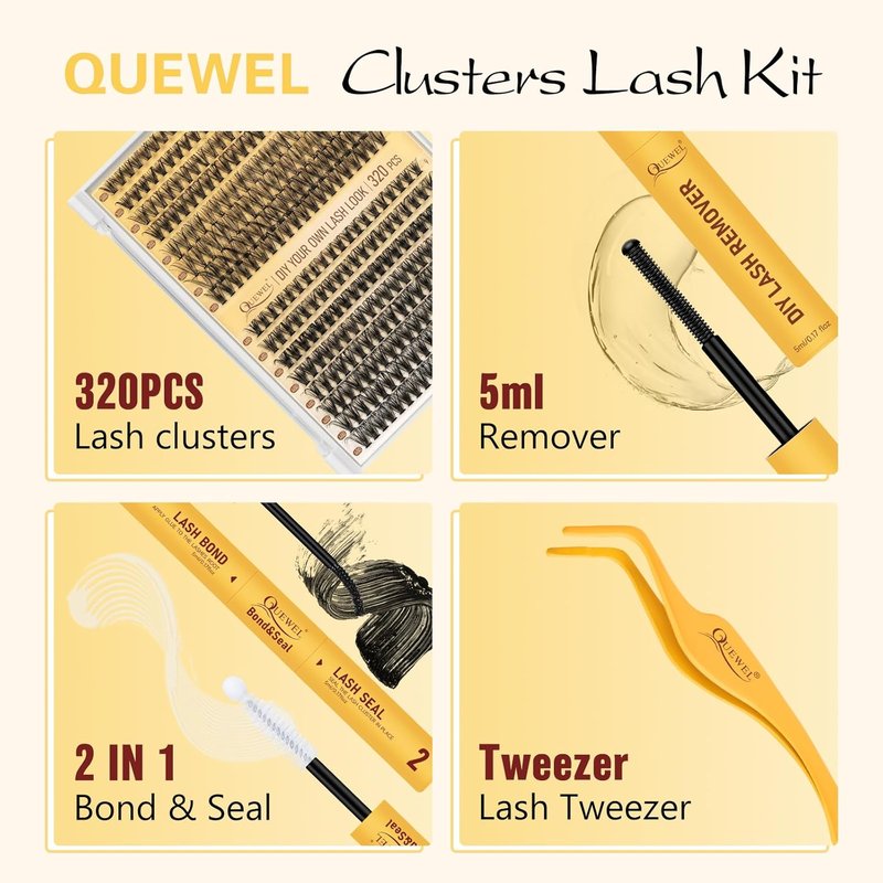 QUEWEL Lash Clusters Kit - 320 Pcs 30D & 40D Eyelash Extensions | Wispy 9-16mm with Bond & Seal Glue