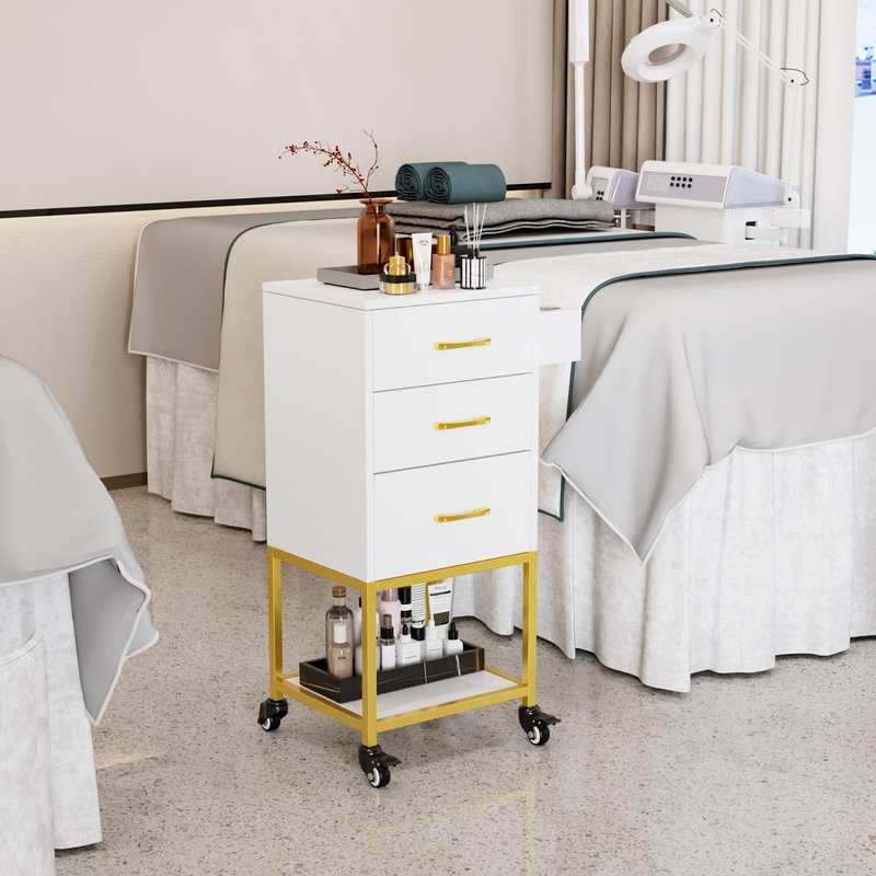 OmySalon Salon Storage Trolley Cart, White Gold Salon Station for Stylist, Beauty Wooden Hair Cabinet with Dryer Holder & Drawer, Hairdressing Tools Organizer Equipment for Spa Barbershop