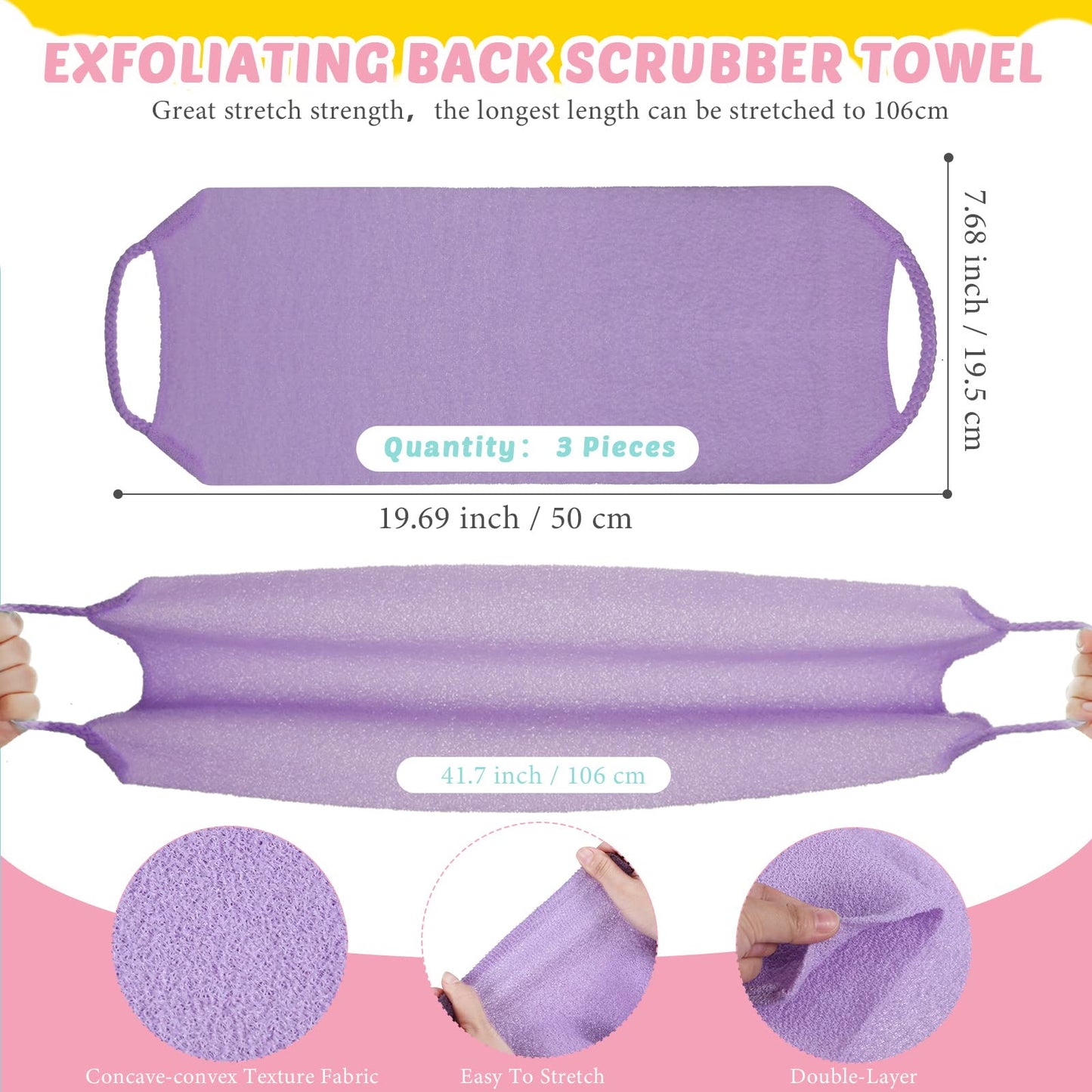 4 Pack Exfoliating Washcloth Back Scrubber Set, 2 Exfoliating Body Scrubber Nylon Back Body Scrub Towel, 2 Pairs Shower Gloves for Women Men Bath Shower Exfoliation(Pink, Purple)