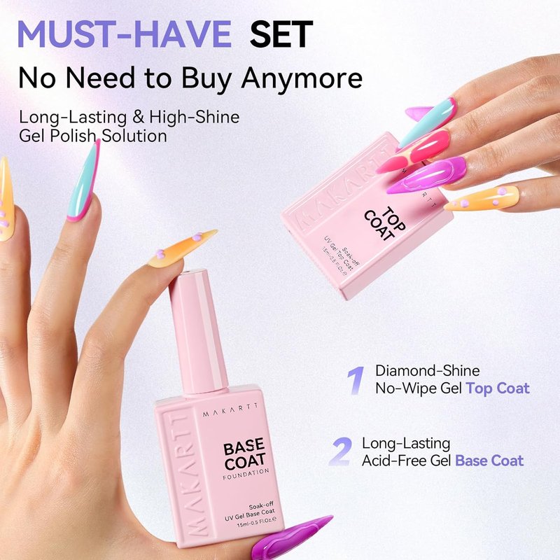Makartt Gel Top and Base Coat Set - 2 PCS 15ml No Wipe Diamond-Shine Long-Lasting Nail Polish | Perfect for Home DIY Gifts