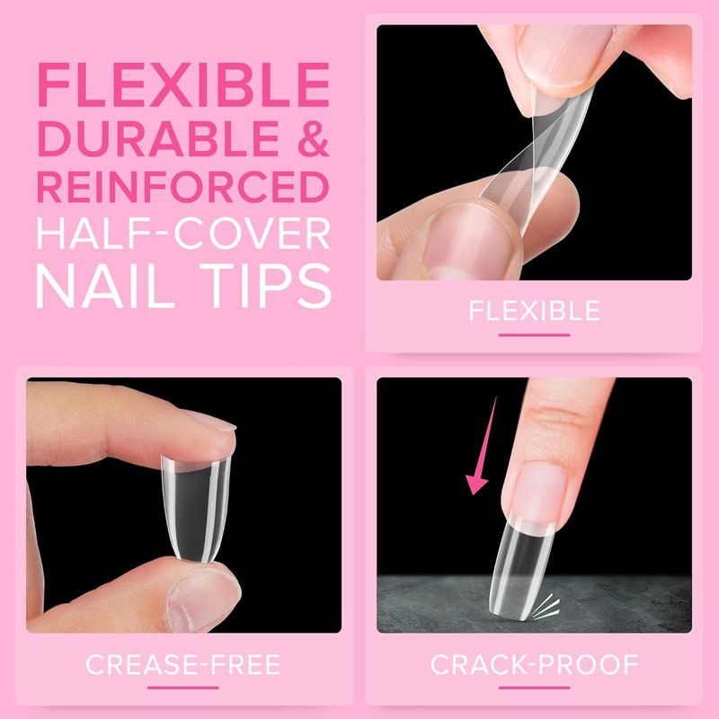 NYK1 Coffin Nail Tips - Crease-Proof & Shatter-Resistant | 500 PCS in 10 Sizes for Easy Gel & Acrylic Extensions
