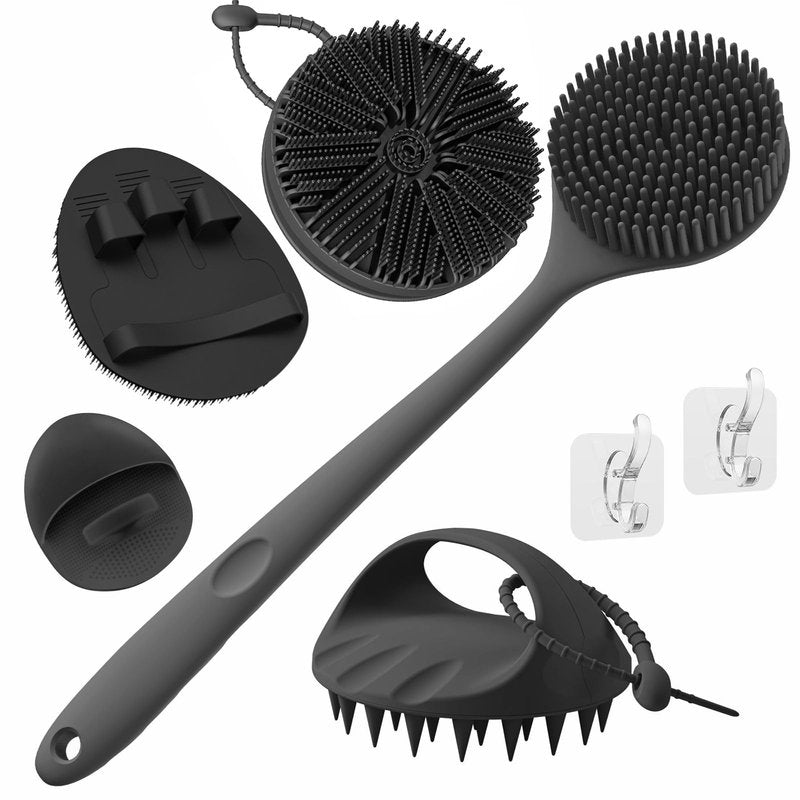 Manmihealth Silicone Back Scrubber & Soft Bath Glove, Silicone Scalp Massager Set 5 PCS, Super-Exfoliating Body Scrubber Shower Brush & Shampoo Brush Combination, with 2 Free Hooks (Style 2 Black)