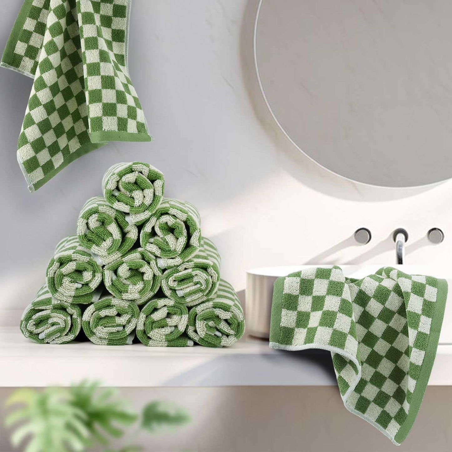 Jacquotha Wash Cloths Super Soft (Green Checkered), Wash Clothes 12 Pack Cotton Face Cloths for Washing Face Showering 13x13 Inches