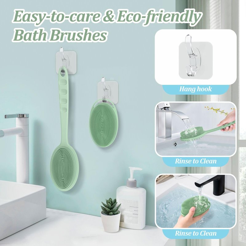 GEENOA Silicone Back & Body Scrubber Set 2PCS, 13.4'' Gentle Exfoliating Back Scrubber with Dual-Side Head and Non-Slip Handle, Hygienic Silicone Loofah with Soft Bristles and Massage Dots(Green-2PC)
