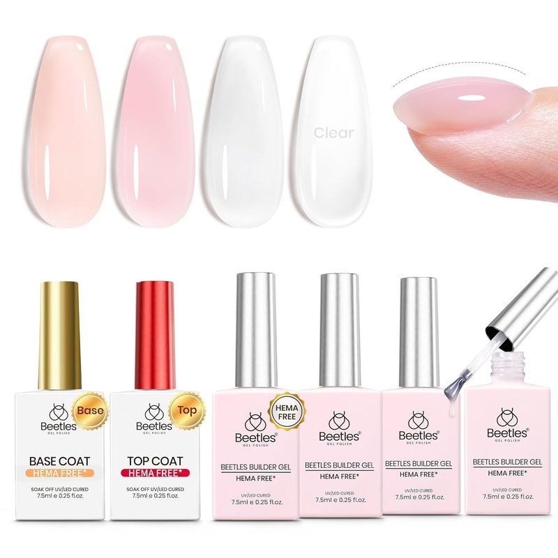 Beetles Builder Gel Set with Base Top Coat HEMA Free-Blush Whisper 4 Color Nude Builder Nail Gel,8 in 1 Thickening Strengthening Building Apex for Beginner DIY Salon at Home Gifts,UV & LED Lamp Cured