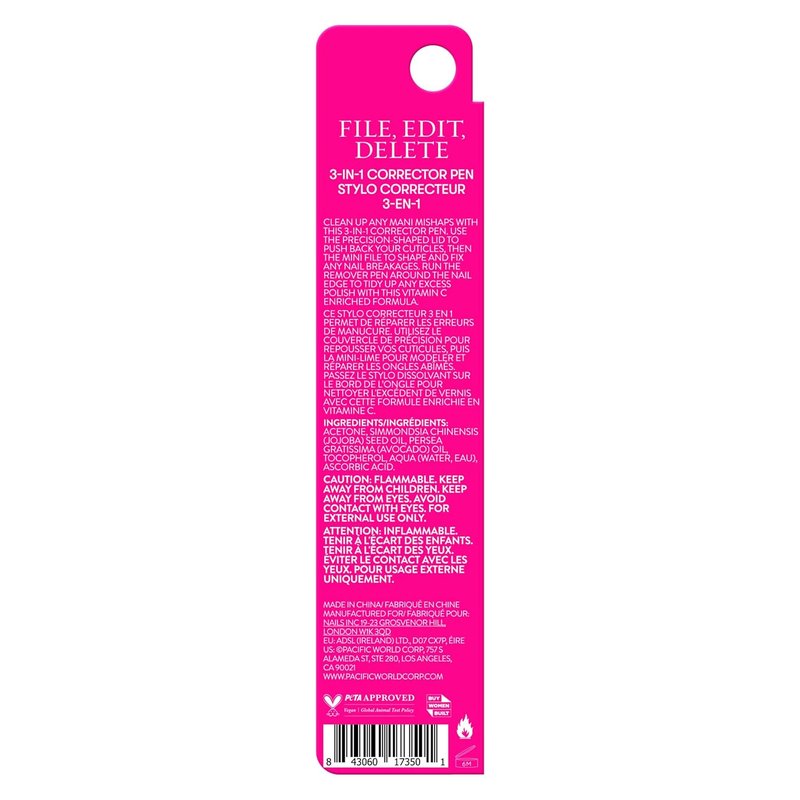 Nails Inc 3-in-1 Nail Corrector Pen - Precision Tip Cuticle Pusher & Polish Remover | Easy Cleanup, 0.13 FL