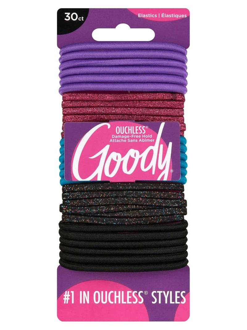 Goody Ouchless Women's Elastic Hair Ties - 30 Count Assorted Glitter - 4MM for Pain-Free Ponytails & Braids