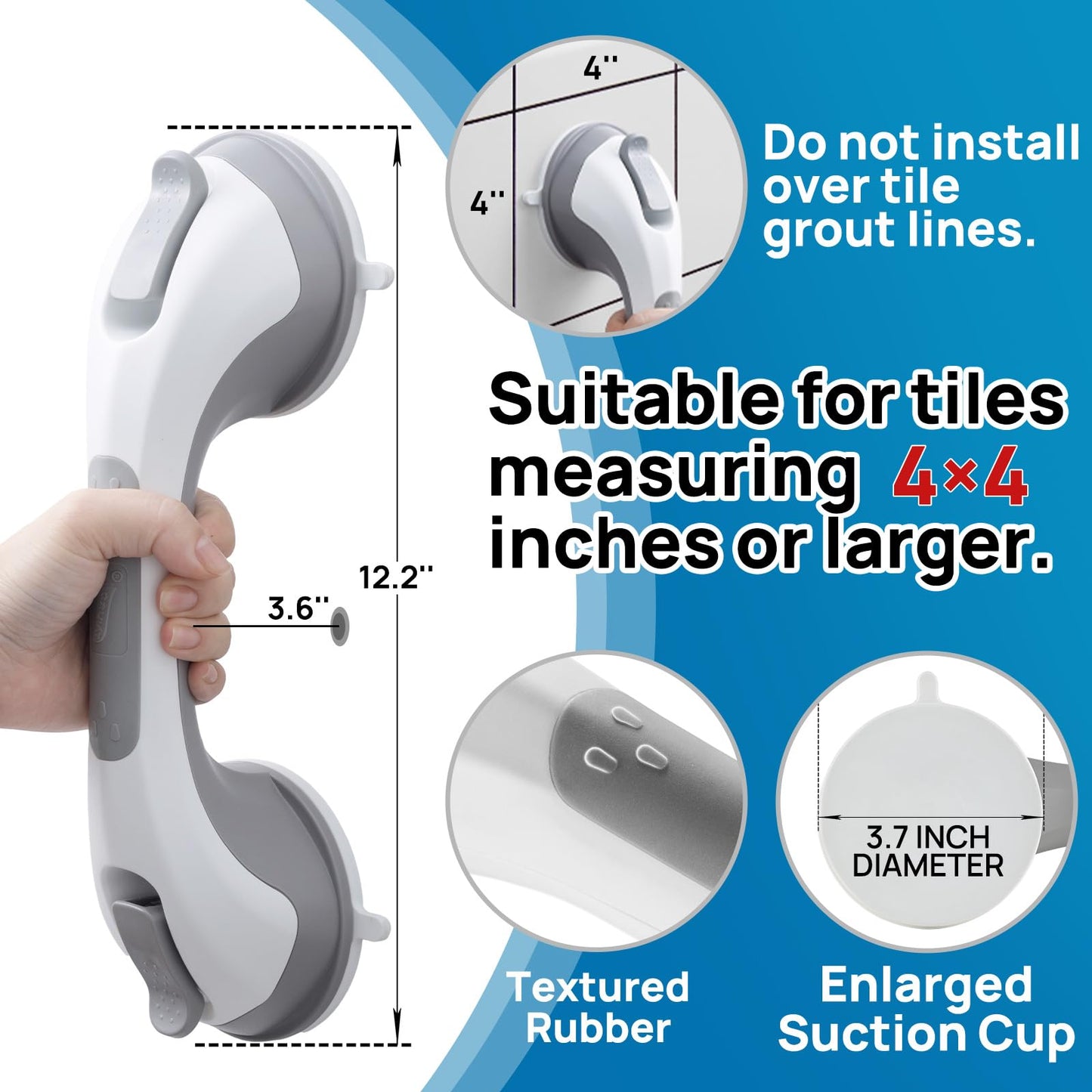 LEVERLOC Grab Bars for Bathtubs and Showers 2 Pack Suction Grab Bar, Heavy Duty 12 Inch Shower Handle Removable Bath Handrails for Seniors and Elderly, Bathroom Safety Grip No Drilling Waterproof Grey