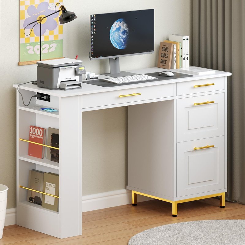 4 EVER WINNER White Desk with Drawers and Power Outlet, 48 Inch Small Desks with Storage Golden Handle, Girls Desk with 4 Storage Writing Table for Small Spaces, White and Gold Desks