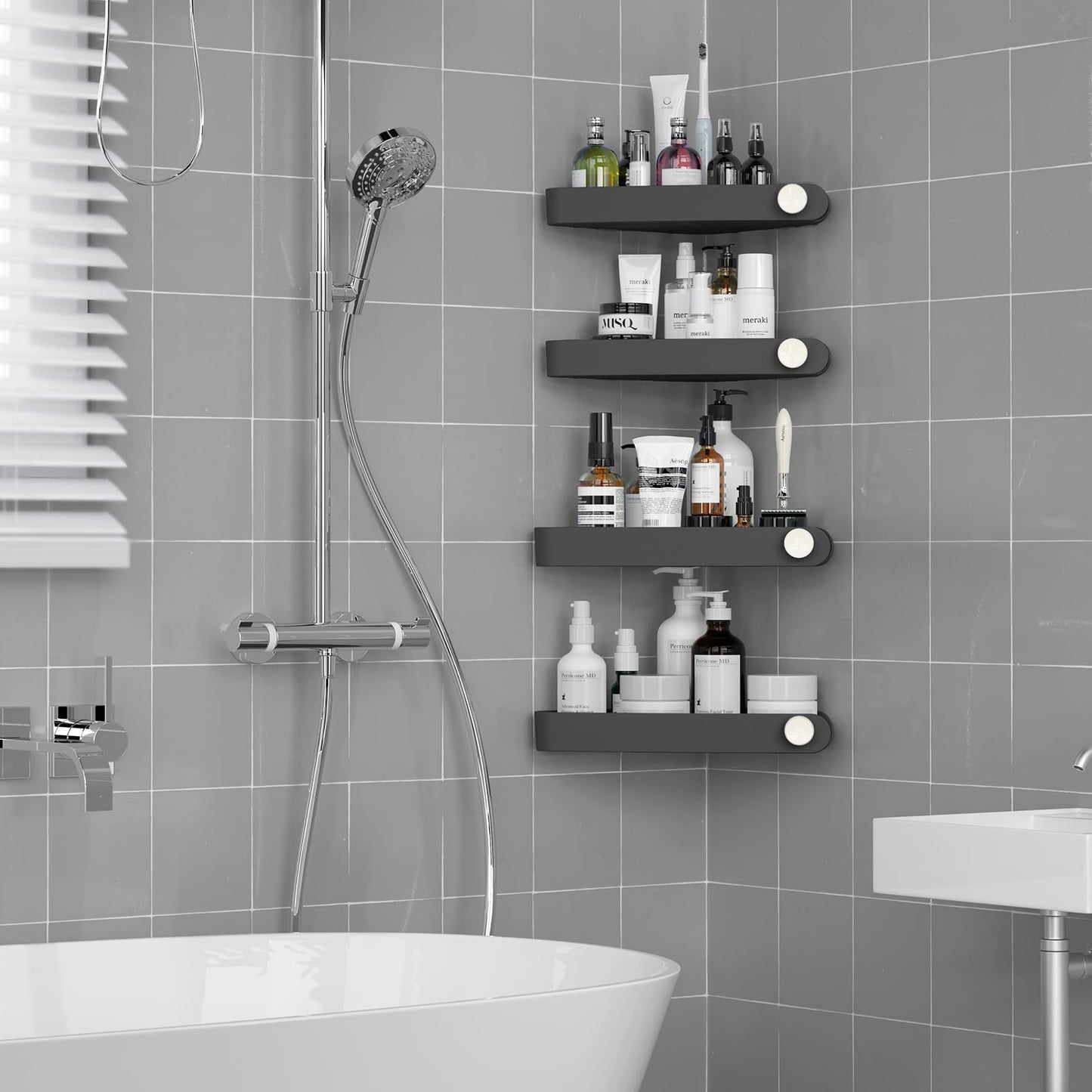 Sotfamily Plastic Shower Caddy Corner (for 90° Only), 4 Pack Adhesive Corner Shower Shelves for Smooth Wall Bathroom Organizers and Storage, Black