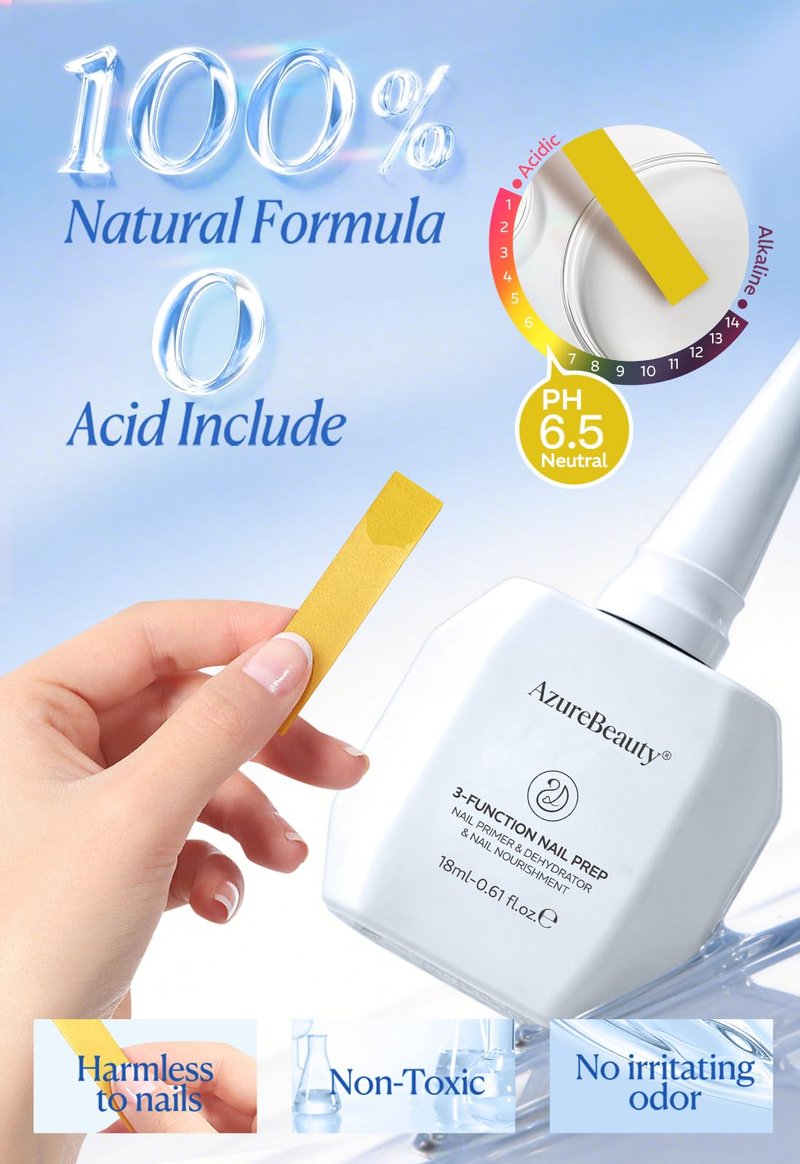 AZUREBEAUTY 18ml Nail Dehydrator and Primer Base Coat, 3-in-One Nourishing Nail Prep Acid-Free & Hema-Free Dehydrate Bond Fast Drying for Gel Polish Acrylic Powder