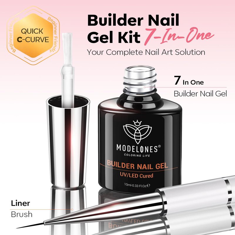 modelones Builder Nail Gel, Clear Builder Nail Polish 7-in-One with Detachable Liner Nail Brush LED Lamp Cured Strengthener Color Rubber Base Coat for Apex Building Extension Thickening 10ml
