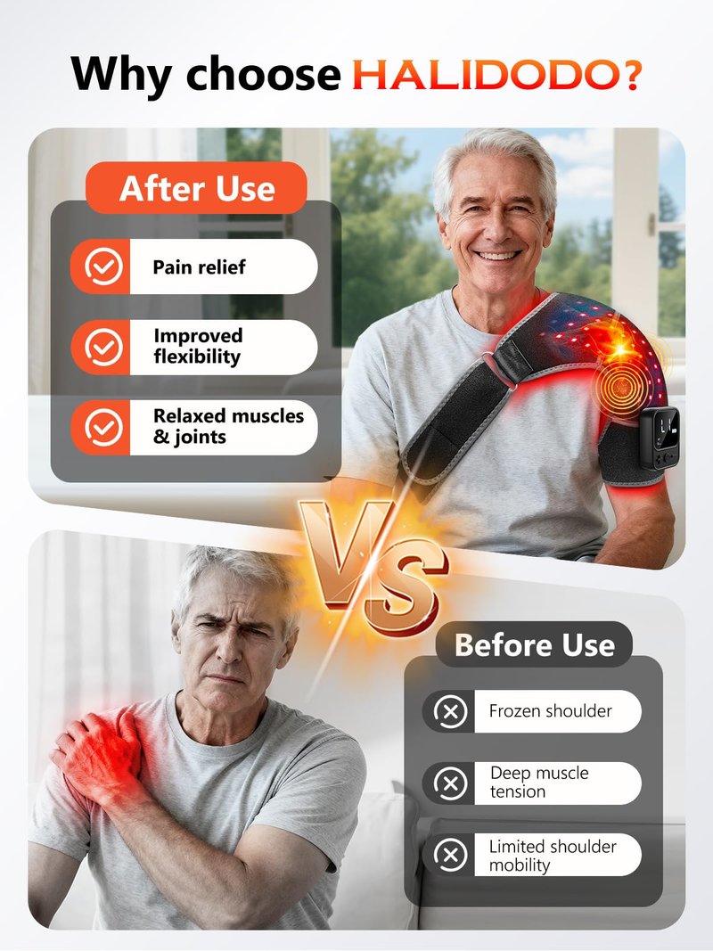 Red Light Therapy for Shoulder with Heat & Massage 5000mAh Cordless Near-Infrared Light Therapy Wrap, 216 Beads 660nm & 850nm Shoulder Brace for Men Women Portable Pad Last 90-380mins