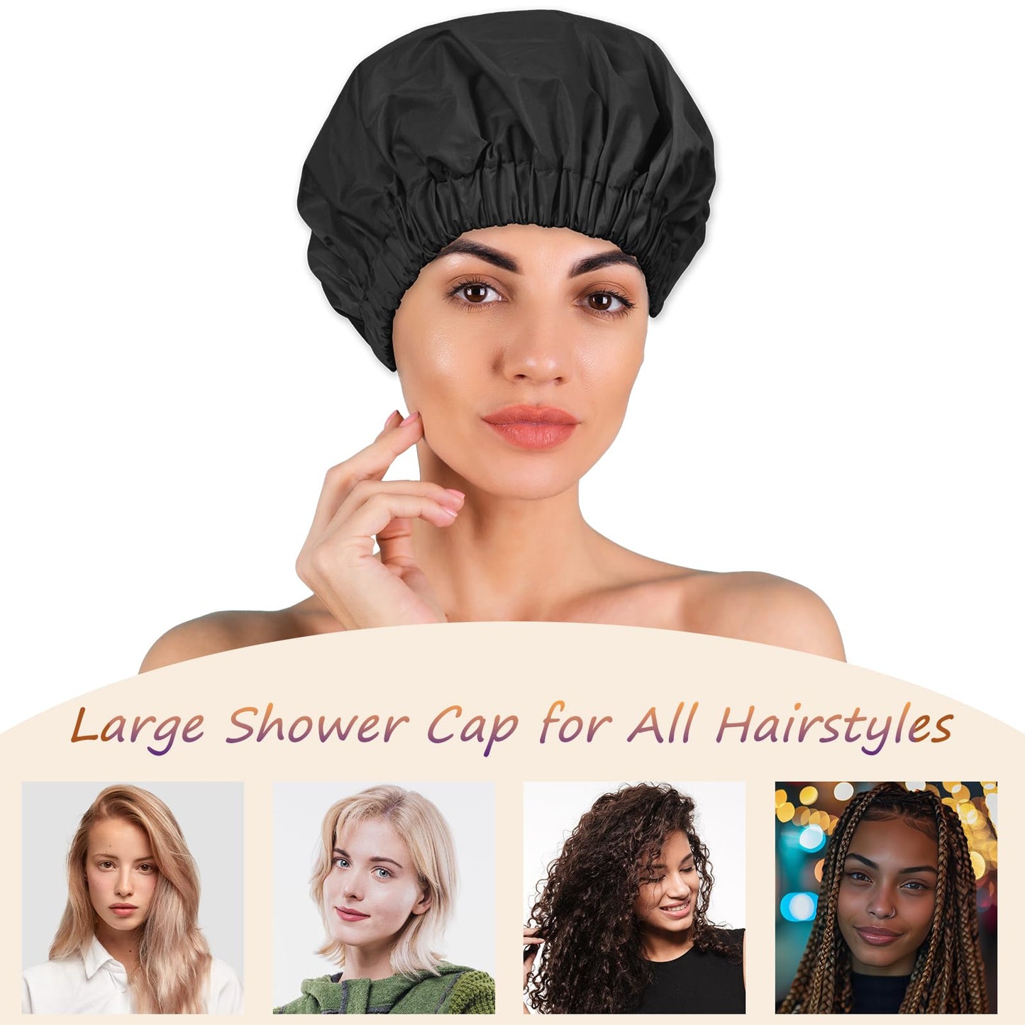 TUVATU Reusable Shower Cap for Women – Large Waterproof Satin Shower Bonnet for Long, Curly & Braided Hair, Washable Bath Hair Cover, Black + Purple