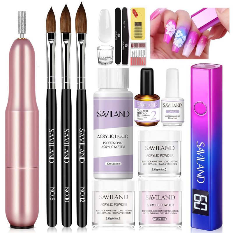 Acrylic Nail Kit with UV Lamp - 15g White, Pink & Clear Powder, Brushes & 100 Forms for DIY Beginners