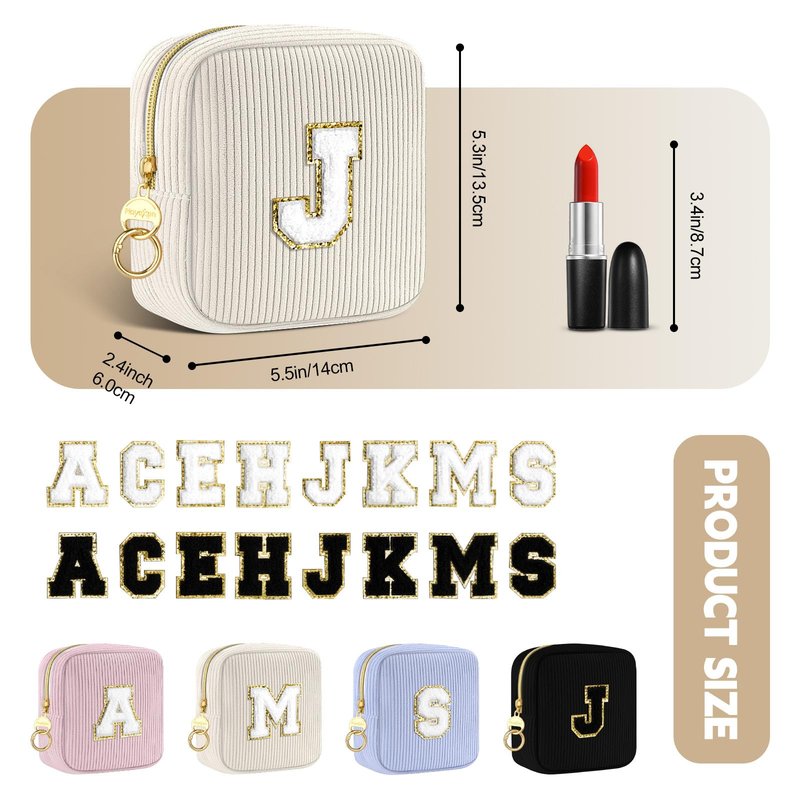 Playexen Small Initial Makeup Bag, Beige Corduroy Personalized Cosmetics Bag with Ring Buckle, Monogram Cute Travel Toiletry Pouch Purse, Birthday/Wedding/Party Gifts (Letter S)
