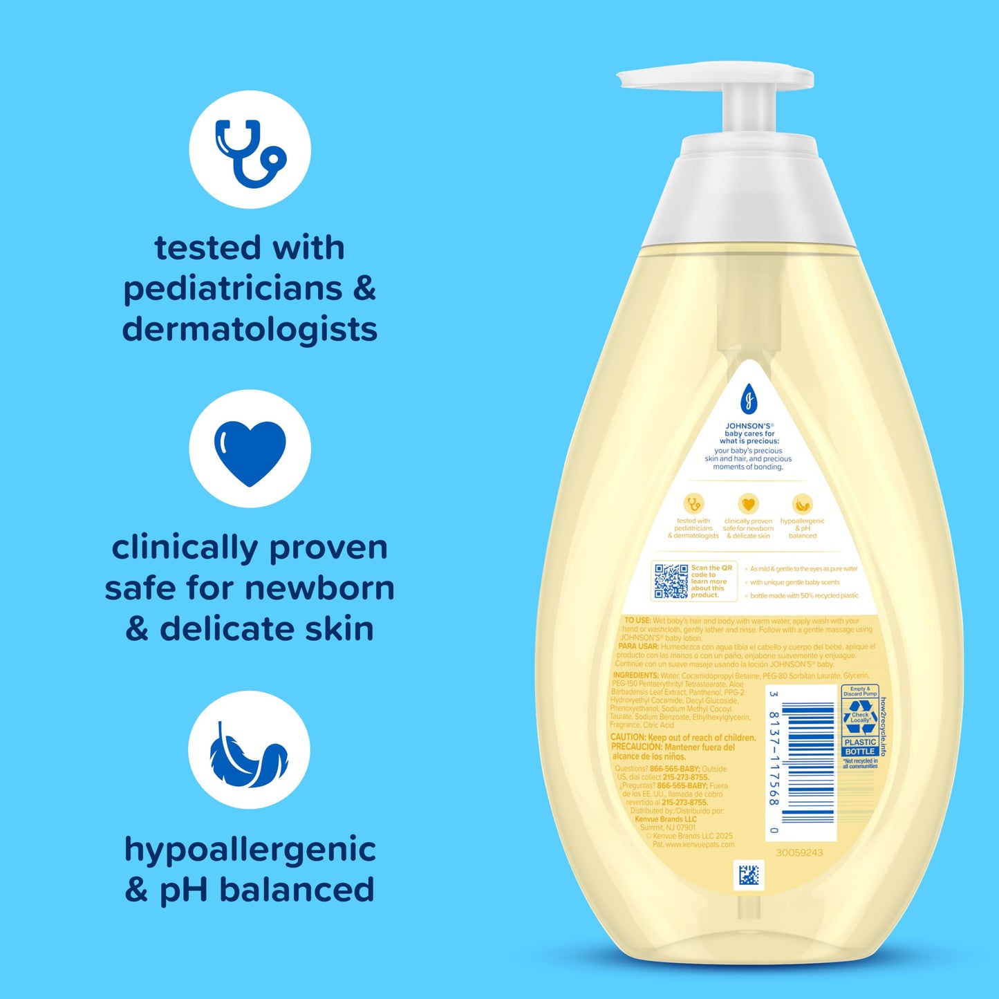 Johnson's Baby Head-To-Toe 2 in 1 Tear Free Wash & Shampoo with Aloe Vera and Vitamin B5, Safe and Gentle for Newborns and Delicate Skin, Hypoallergenic and pH Balanced, 27.1 Fl Oz