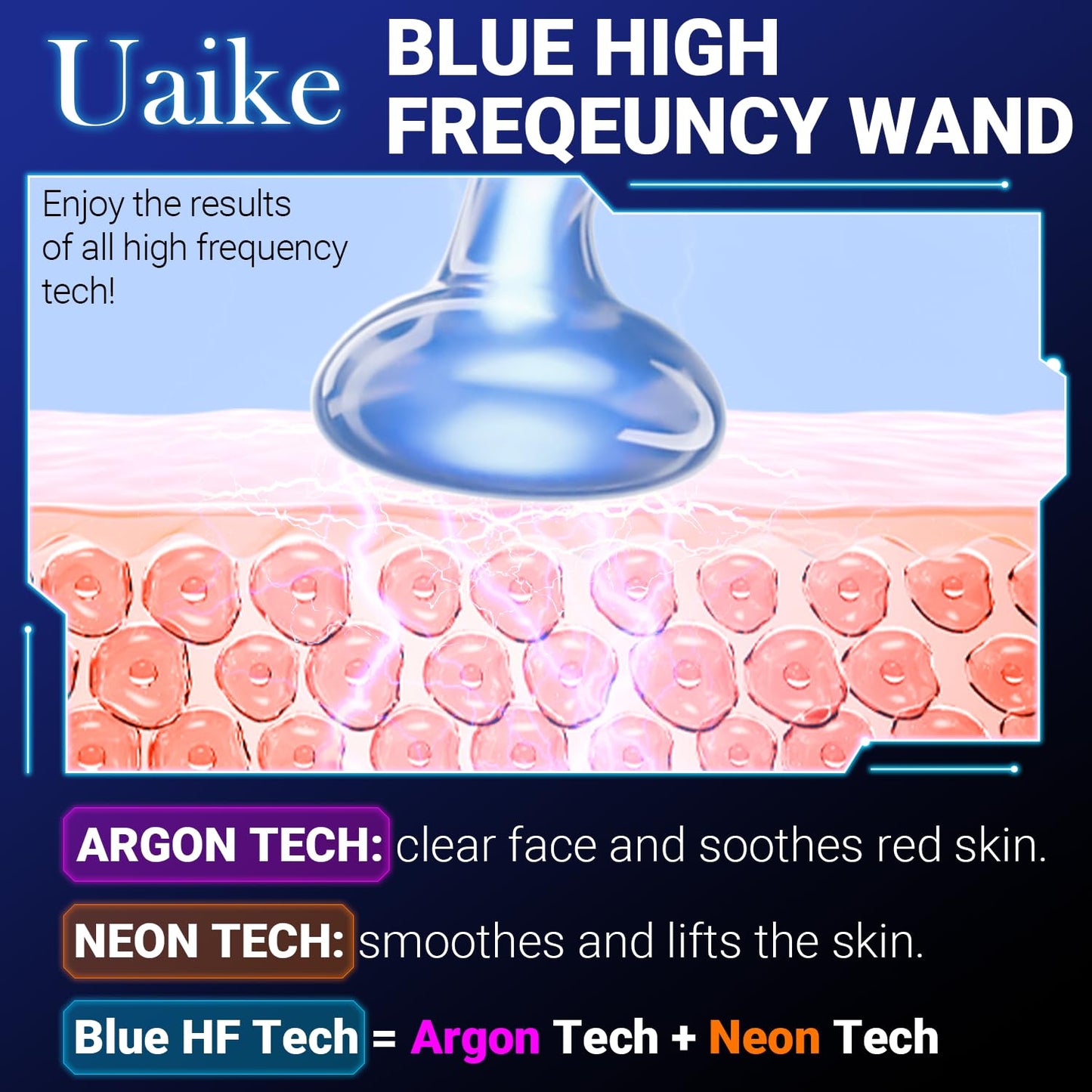 Uaike High Frequency Facial Wand - Portable Handheld Skin Treatment Device with 4 Blue Glass Tubes