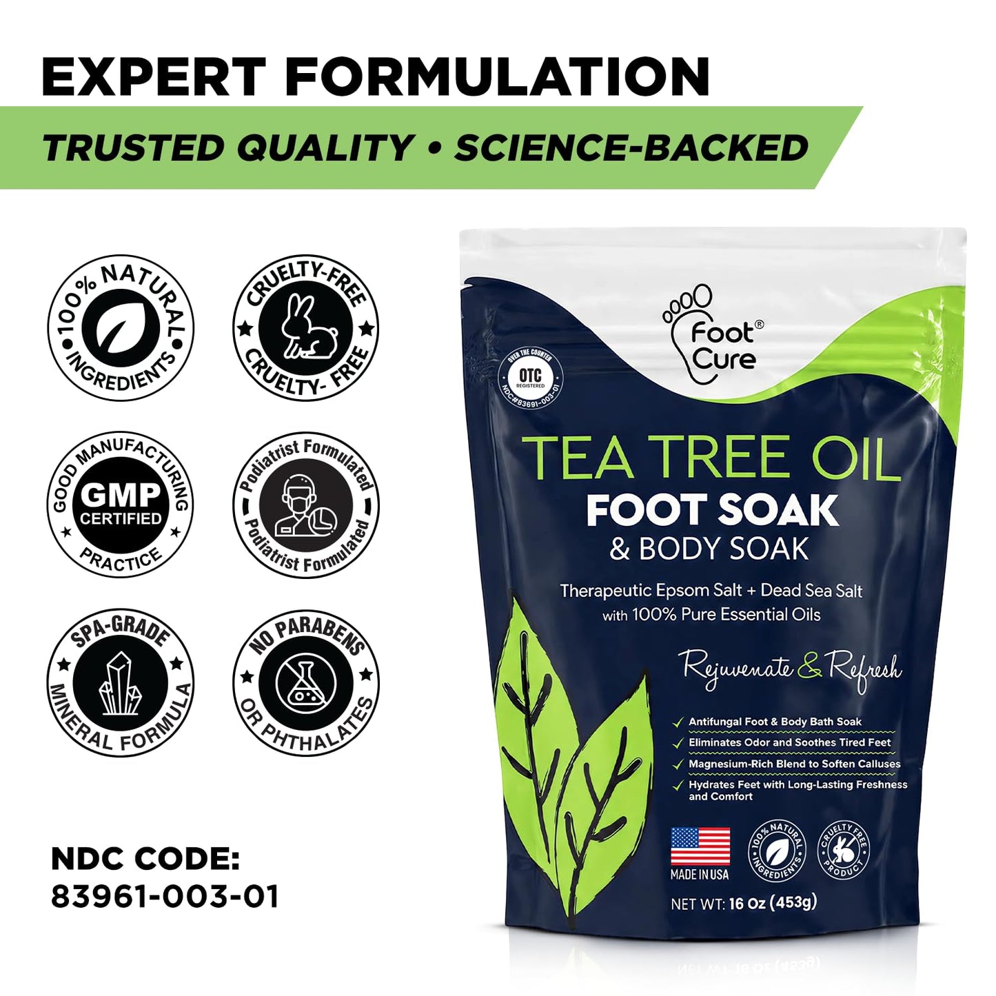 Tea Tree Oil Foot Soak with Epsom Salt - For Toenail Repair, Athletes Foot, Softens Calluses, Soothes Sore & Tired Feet, Nail Discoloration, odor Scent, Spa Pedicure Care - Made in USA 16 oz