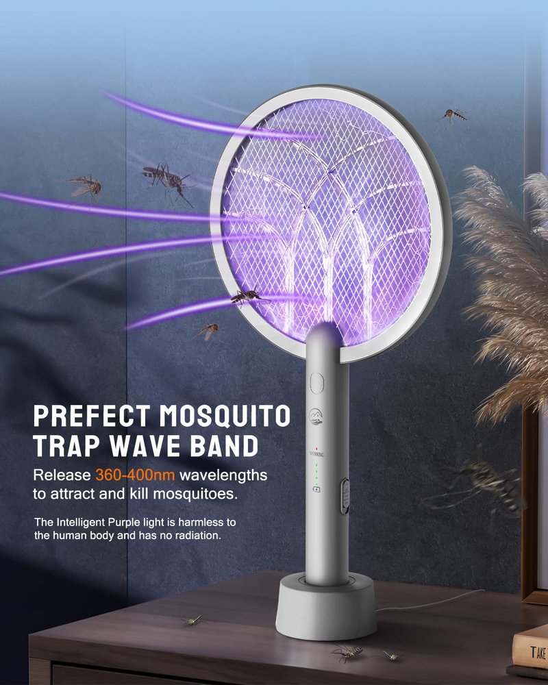 Mosiller Electric Fly Swatter Racket, 4000V Bug Zapper with 1800mah Rechargeable Battery & Dual Modes, 2 in 1 Purple Mosquito Light Killer with 3-Layer Safety Mesh for Indoor Home Patio Camp(1 Pack)