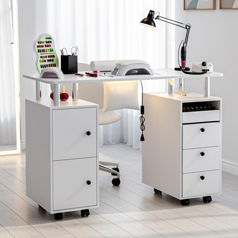 Oakvera Nail Tech Table with Dust Collector & LED Light, Rolling Manicure Desk with Storage Drawers & Cabinets, Lockable Wheels, Acetone-Resistant Beauty Workstation for Salon, Home (White)