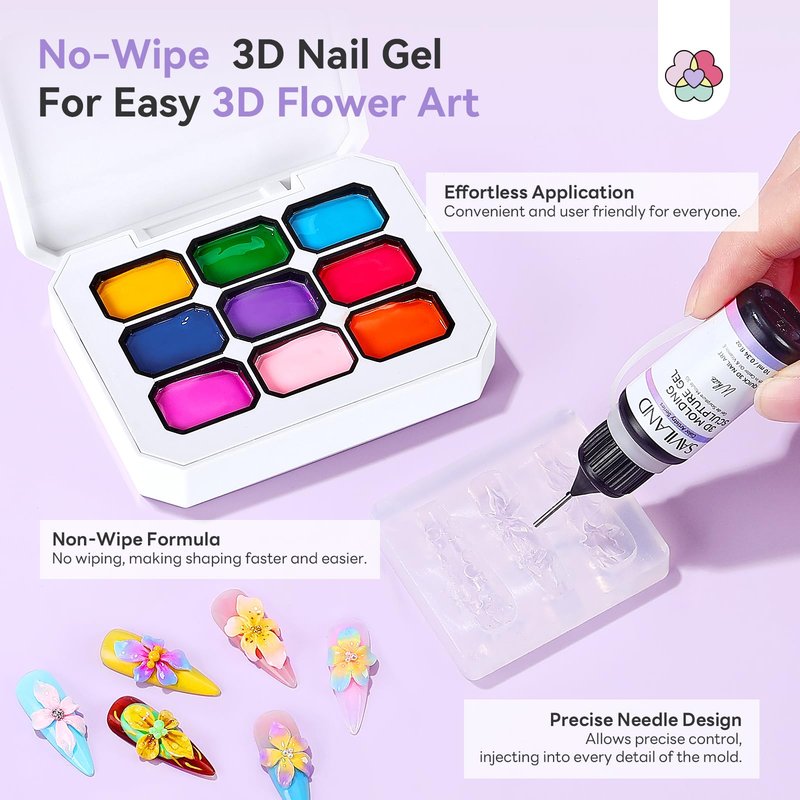 SAVILAND 3D Patting Gel Polish Kit: 9 Colors Pat Gel Polish Palette No-Wipe Blooming Gels Nail Polish 3D Nails Sculpting Gels with Flowers Shape Silicone Mold Sponges for Ombre Aura Nails Art DIY