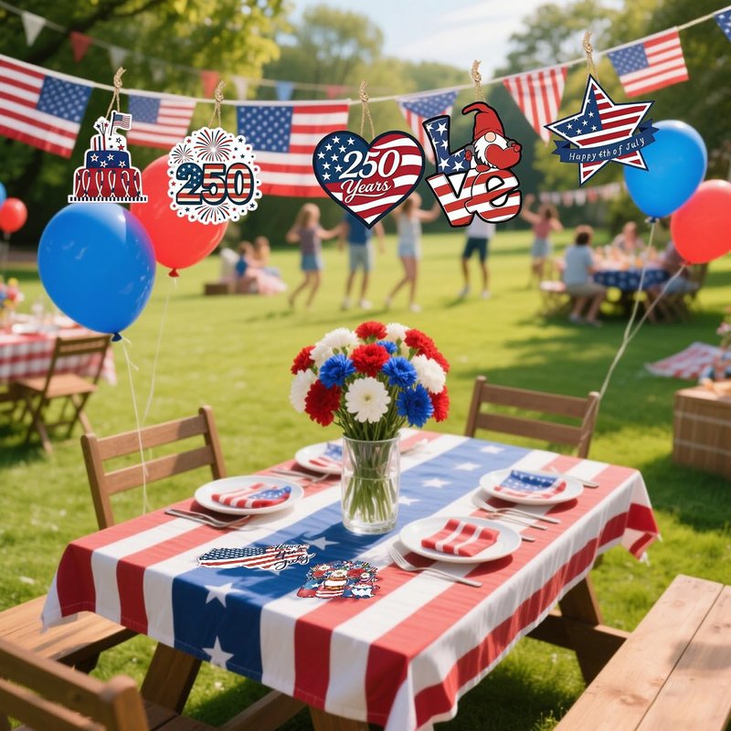 PODUOJIEYI 12 Pcs 4th of July Wooden Ornaments, 250th Anniversary Patriotic Hanging Ornaments, American Flag Themed DIY Back Decorations for Independence Day Tree Wreath Party Supplies
