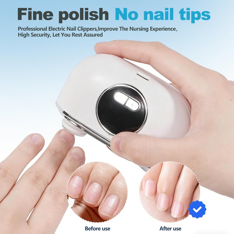 Electric Nail Clippers for Fingers and Toes, 3 in 1 Smart Nail Clipper Adjustable Speeds Rechargeable with Polishing LED Light for Seniors, Kids, Adults White