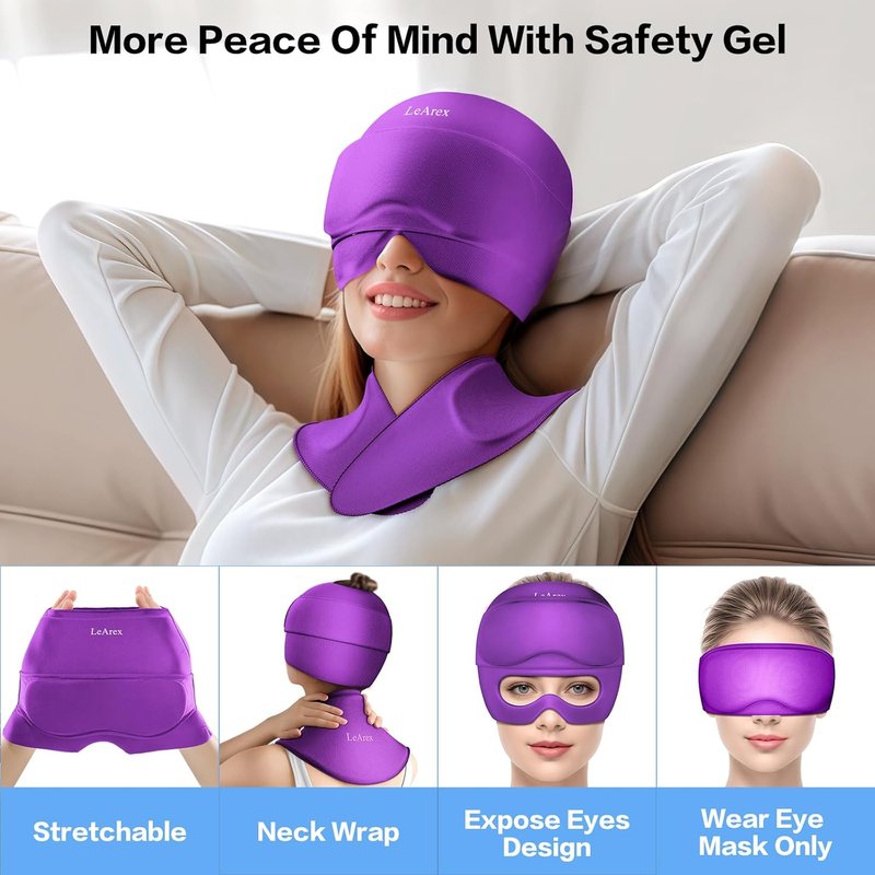 Skiennix 3-in-1 Migraine Relief Cap - Detachable Ice Pack & Eye Masks for Headaches | Purple