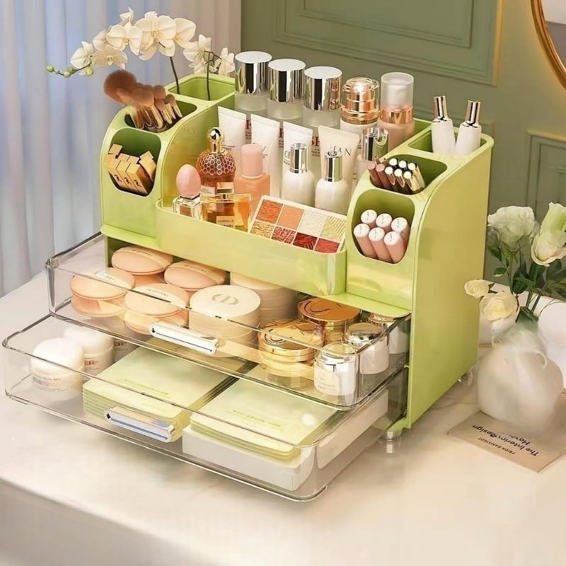 Makeup Organizer with Drawers - Vanity & Bathroom Countertop Storage for Brushes, Skincare & Cosmetics | Green