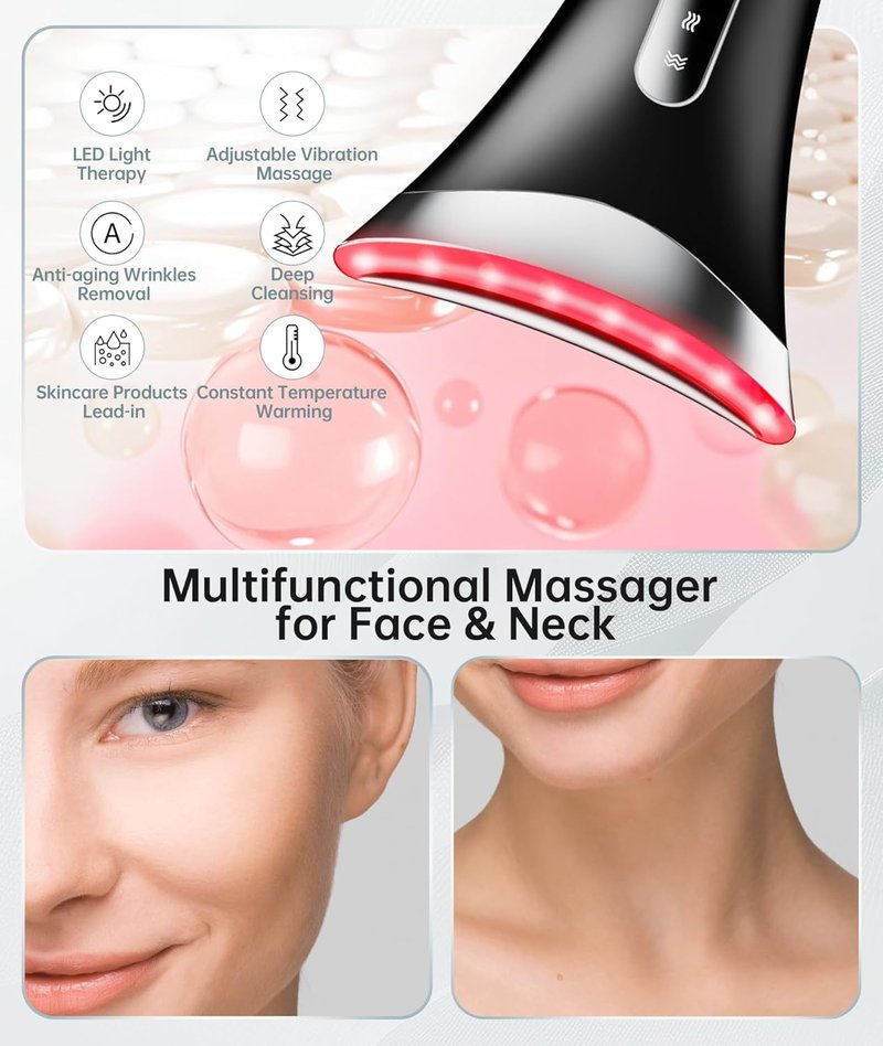 7 Color Light Therapy Facial Massager - Adjustable Vibration & Thermals for Wrinkles | Red Light Skin Care Tool, Black