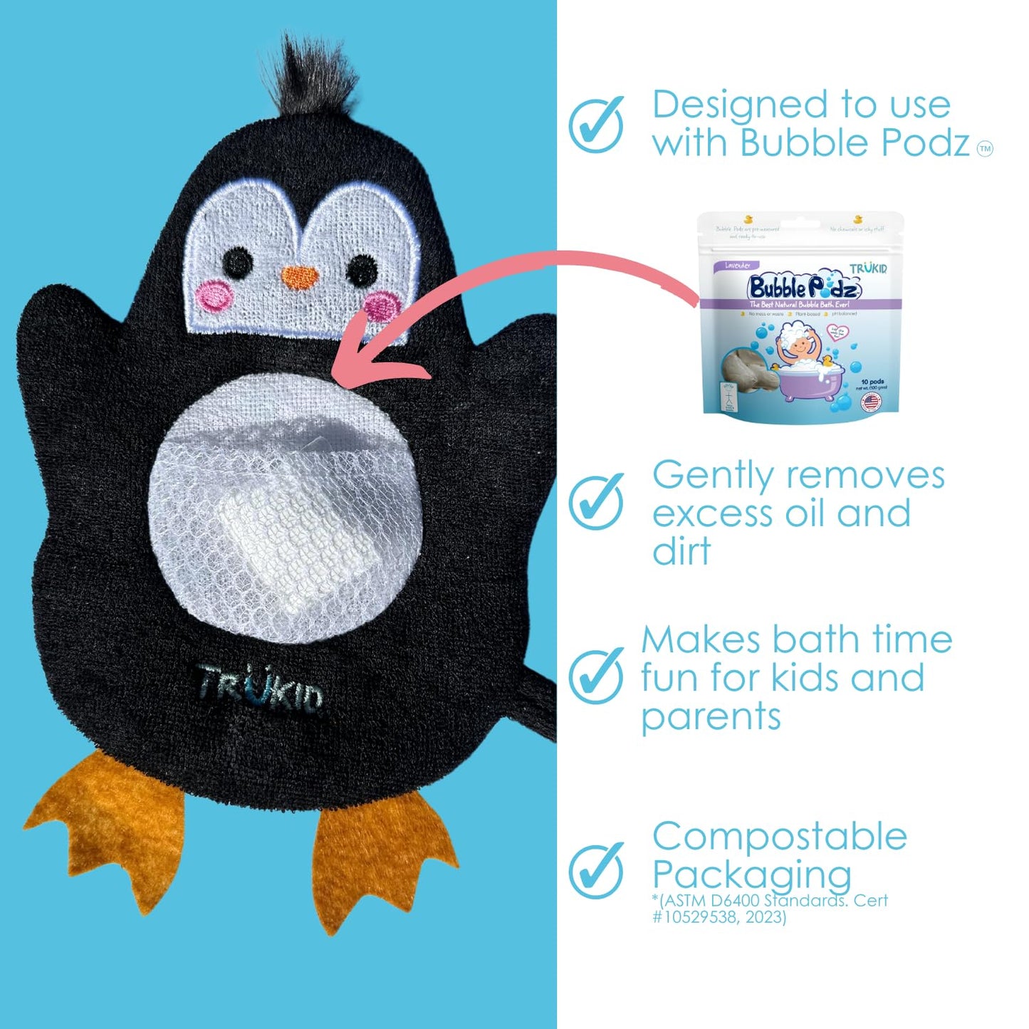 TruKid BubbleGlove, Bath Wash Gloves-Sponge - Hand Puppet for Kids & Toddler, Bath Sponge & Baby Washcloth Mitt for Kids & Adults, Body Scrubber for Mommy & Me - Penguin Set of 2