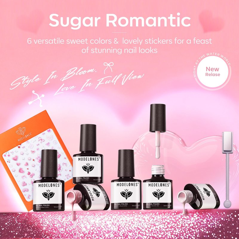 modelones Gel Nail Polish Set, 6 Colors 2026 Mothersday Pastel Nude Pink Milky White French Jelly Gel Polish Pearl Hot Pink Glitter Heart Cat Eye Nail Gel Polish LED DIY Gift with Stickers & Magnet