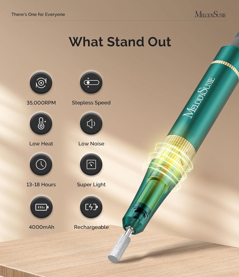 MelodySusie Nail Drill - Advanced Rechargeable E-File with 35000RPM & Long Battery Life | Lightweight Handpiece for Home & Salon Use