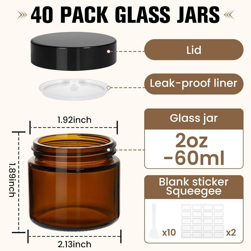 Amber Glass Jars - 40 Pcs 2 oz Leakproof Containers with Lids, Labels & Spatulas | Ideal for Essential Oils, Spices, Candle Making
