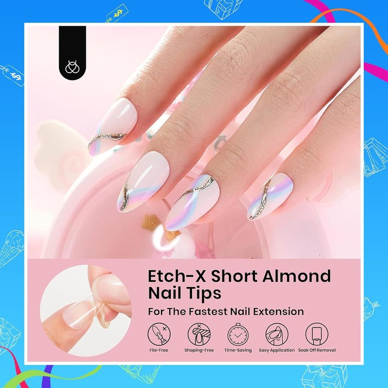 Beetles Soft Gel Nail Tips Short Almond 288pcs in 12 Sizes, Etch-X Pre-Etched Full Cover Acrylic Fake Nails Art, Salon Quality Nail Supplies, Easy DIY Nail Extension or Press On Nails, Gift for Women