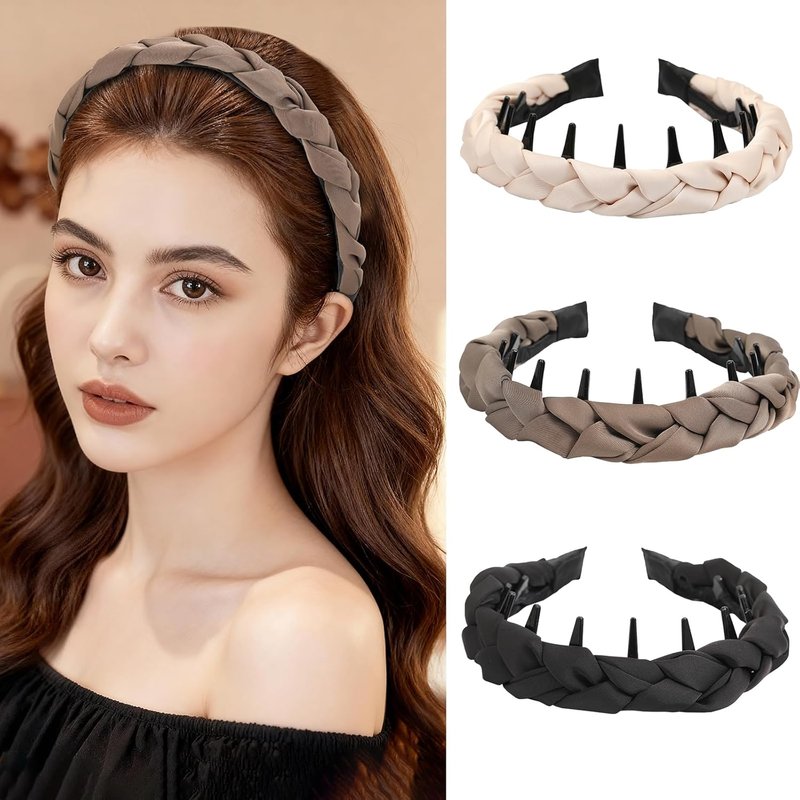 Auseibeely Zig Zag Headbands for Women - Non-Slip Satin Braided Hair Accessories | 3 Pcs Set