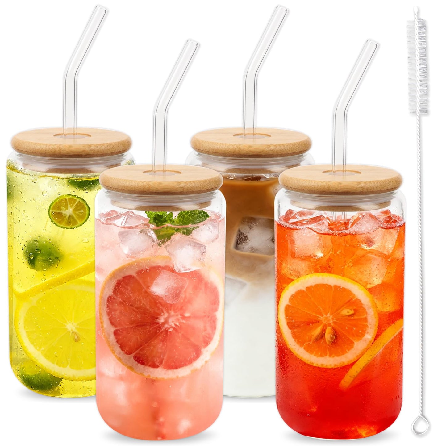 Alotpower Borosilicate Glass Cups with Lids and Straws, 16 oz Reusable Tumbler Set (4-Pack) Includes Bamboo Lids, Glass Straws & Brush for Iced Coffee, Bubble Tea, Cold Beer, Juice