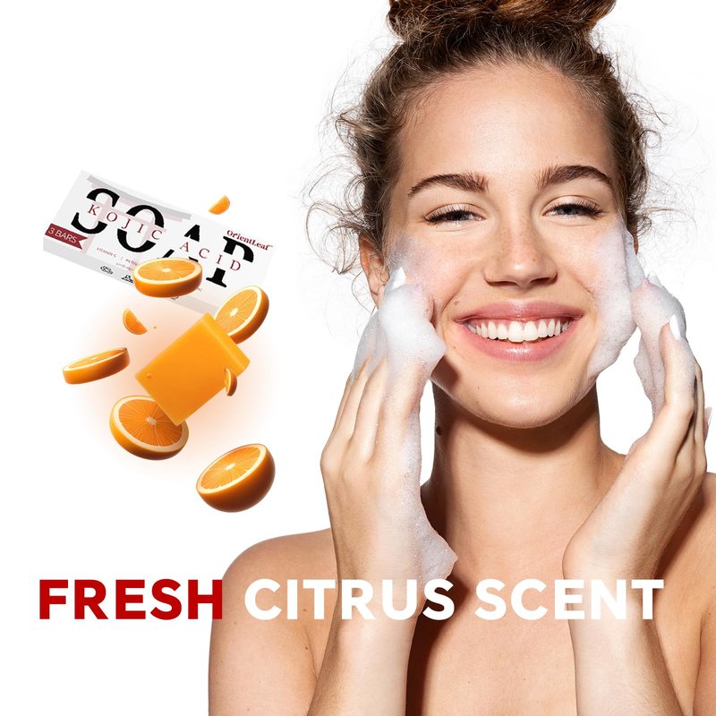 ORIENTLEAF Kojic Acid Soap, Turmeric Soap Bar for Dark Spots, Fresh Citrus Scent, Gentle for Face and Body Wash with Vitamin C, Shea Butter, Retinol, Gifts for Women (3 PACK)