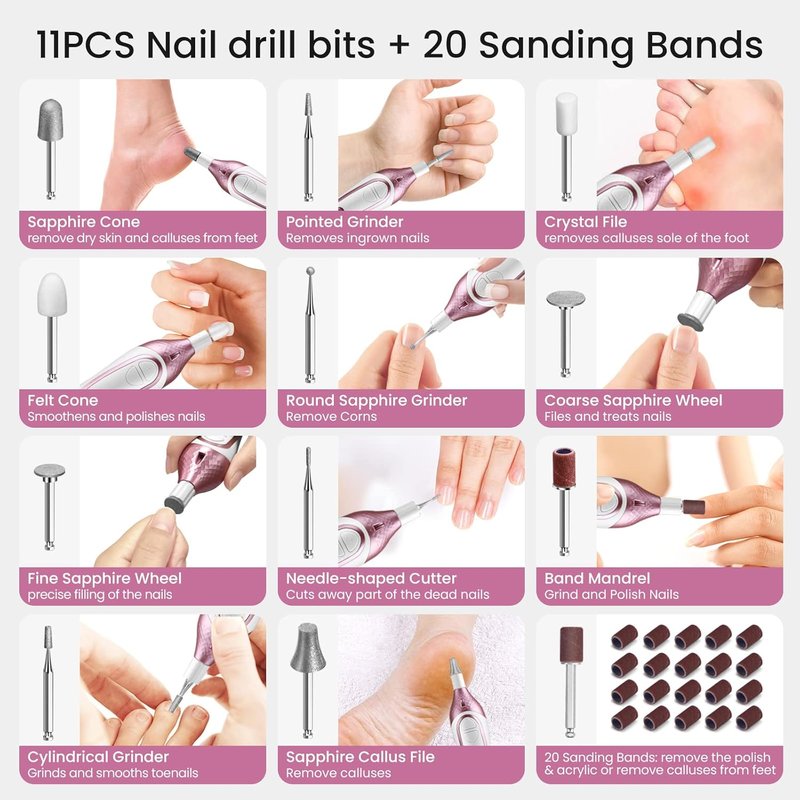 Professional Manicure Pedicure Kit - Cordless Electric Nail File, 20,000 RPM, 11 Bits | Rechargeable Foot & Hand Care Tool