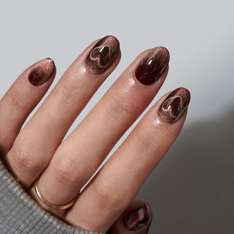 Press On Nails - Brown Cat Eye Almond Shape | Opaque Soft Gel, 32 Stick-On Nails in 16 Sizes
