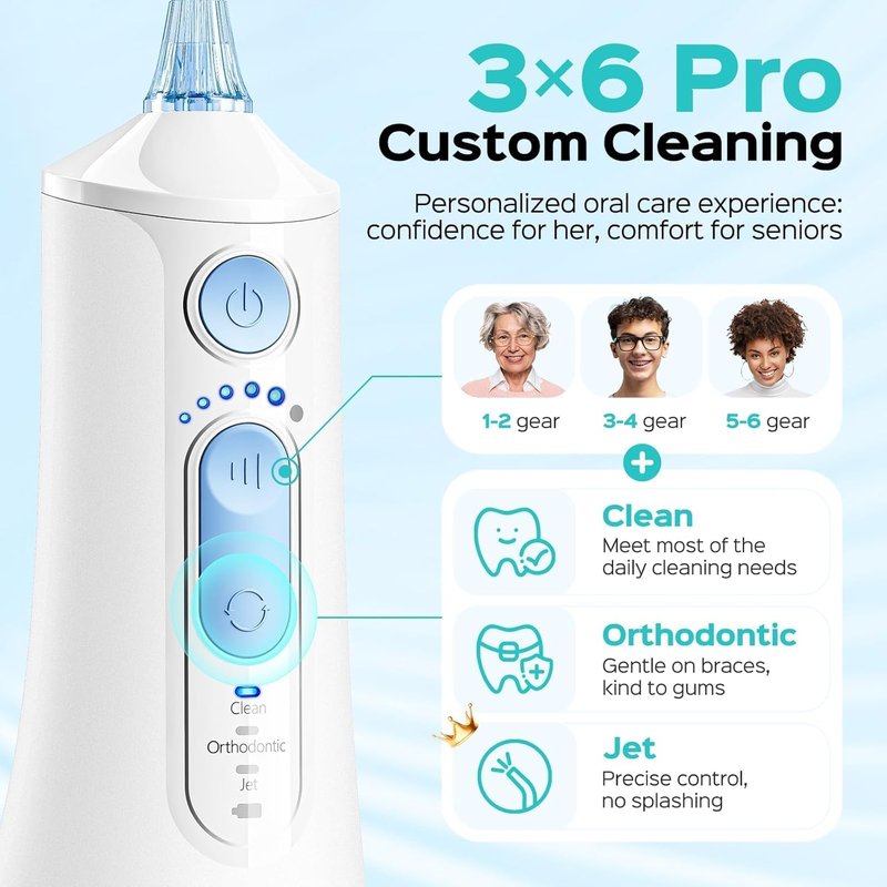 COSLUS C51 Portable Water Flosser for Teeth: 3 Modes & 6 Pressure Settings with Jet Mode Water Dental Pick for Orthodontic, Braces, Sensitive Gums, Compact for Travel, for Multiple Users, ADA Accepted
