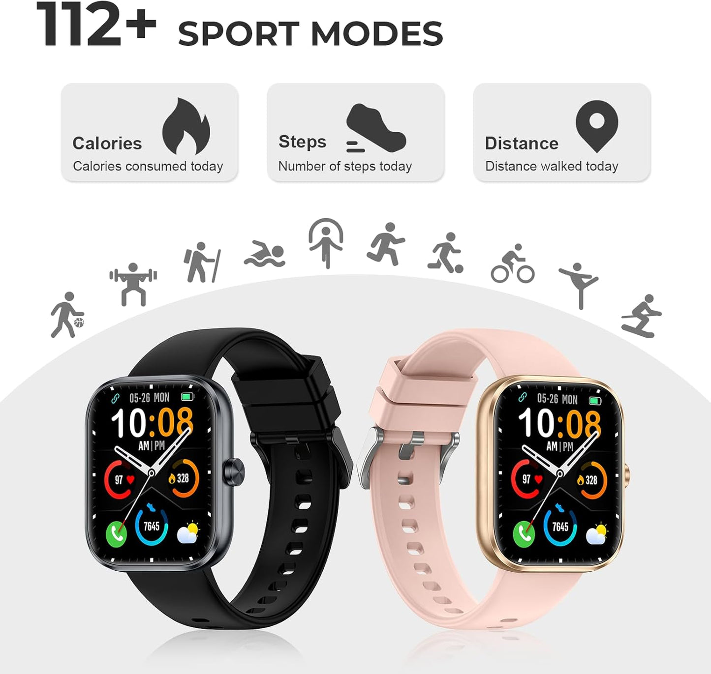 Smart Watch for Men & Women - 1.83” HD Touchscreen Fitness Tracker with Bluetooth Calls & 110+ Sport Modes | IP68 Waterproof, Grey & Black
