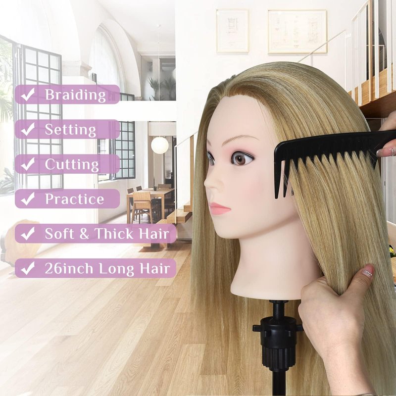 Mannequin Head with Hair with Tripod Stand - 28" Cosmetology Mannequin Head with Stand, Doll Head for Hair Styling Braiding Practice Manikin Head with Tripod Set, Ombre Golden