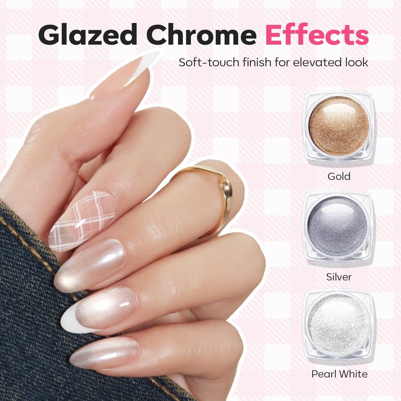 Modelones 16PCS Plaid Nail Stamping Kit – French Tip Stamper White Black Painting Gel Polish Chrome Powder Proof Matte Gel Top Coat Gingham Template Dual Nail Art Brush Summer Manicure Gift for Women