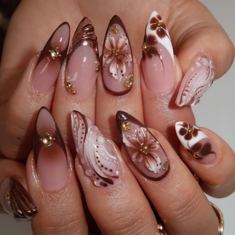 Skiennix French Tips Press-On Nails - Medium Almond Shape with 5D Flower Charm Design | Glossy Brown, 24 Pcs
