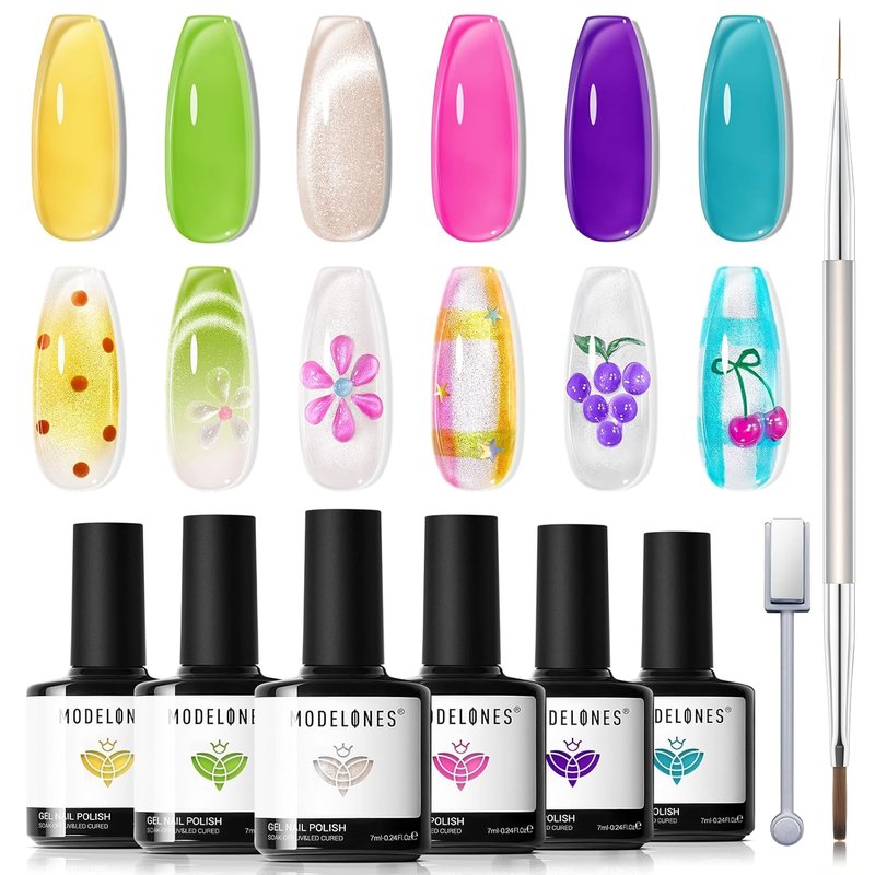 Modelones Gel Nail Polish Set - 6 Summer Nude Cat Eye Colors | Translucent Bright Neon Shades with Magnet & Liner Brush