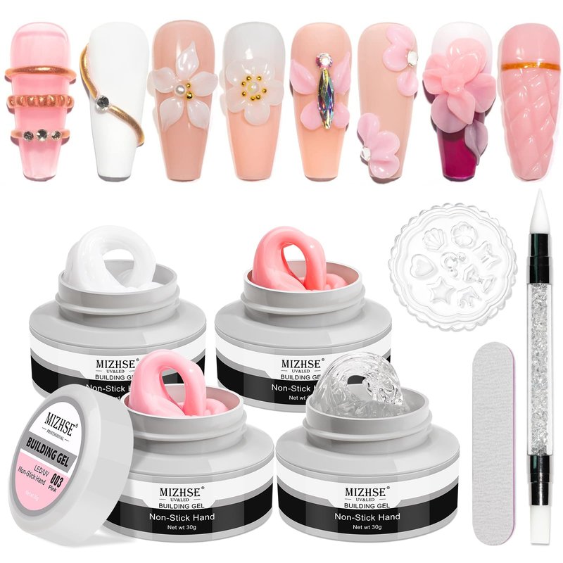 MIZHSE 3D Nail Gel Nail Art Sculpture, Non-Sticky 4 Colors Solid Builder Gel Nude Clear White Pink Hard Builder Nails UV LED Molding Gels Nail Extension for Salon Manicure Home DIY